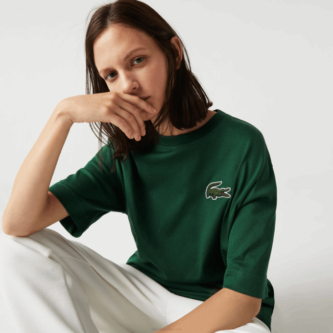 Men Lacoste V0ZN77 Green 132 Loose Fit Large Crocodile Organic Cotton T-Shirt - Image 4