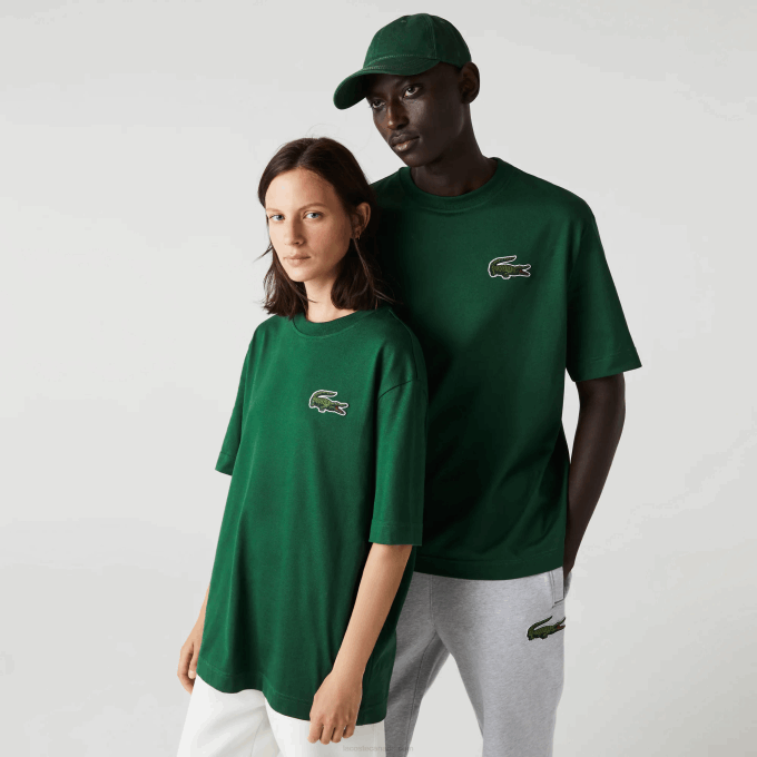 Men Lacoste V0ZN77 Green 132 Loose Fit Large Crocodile Organic Cotton T-Shirt - Image 6