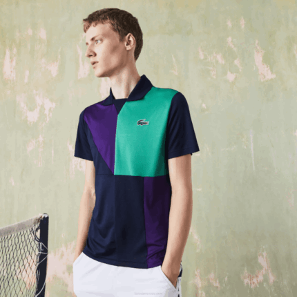 Men Lacoste V0ZN784 Navy Blue Purple Green XC3 SPORT Ultra-Dry Pique Tennis Polo