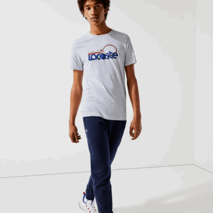 Men Lacoste V0ZN793 Grey Chine Blue Red 7KU SPORT Crew Neck Tennis Print Breathable T-shirt