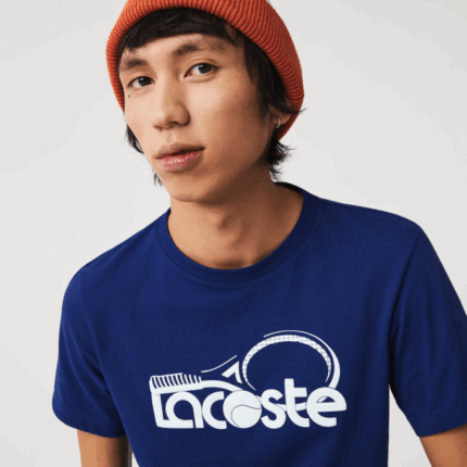 Men Lacoste V0ZN794 Blue White GTD SPORT Crew Neck Tennis Print Breathable T-shirt