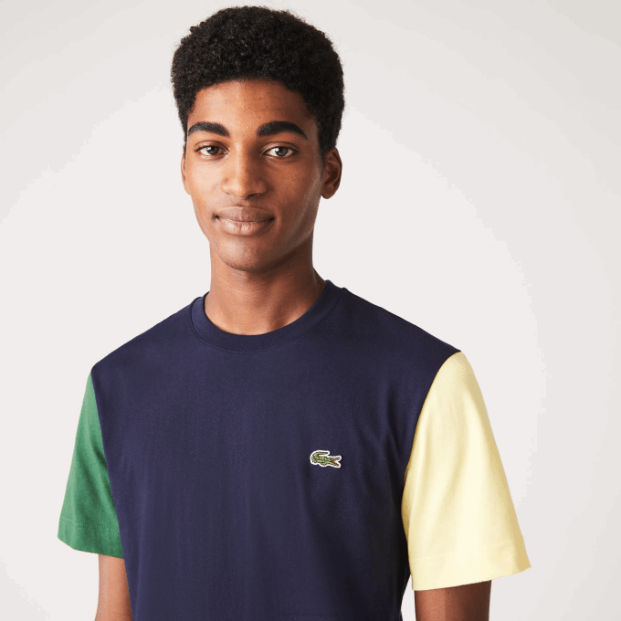 Men Lacoste V0ZN811 Navy Blue Green Yellow UXW Regular Fit Colorblock Cotton Jersey T-Shirt - Image 2