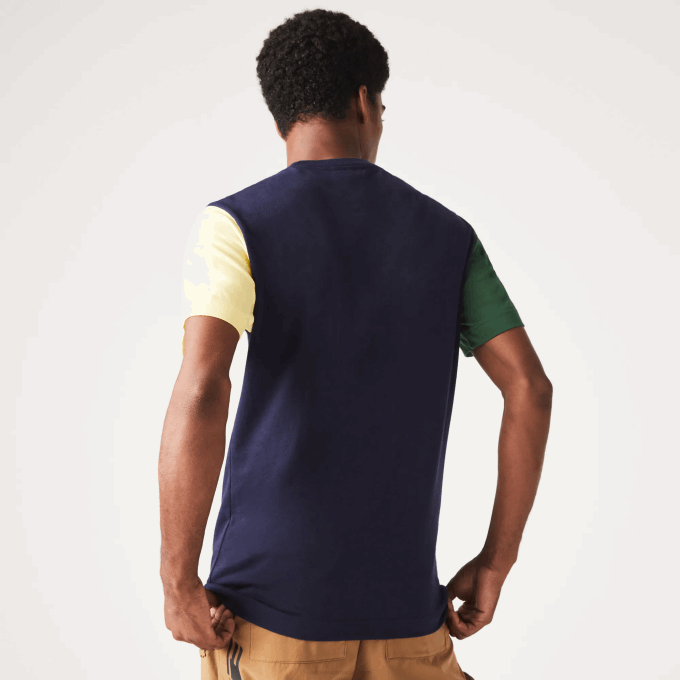 Men Lacoste V0ZN811 Navy Blue Green Yellow UXW Regular Fit Colorblock Cotton Jersey T-Shirt - Image 3