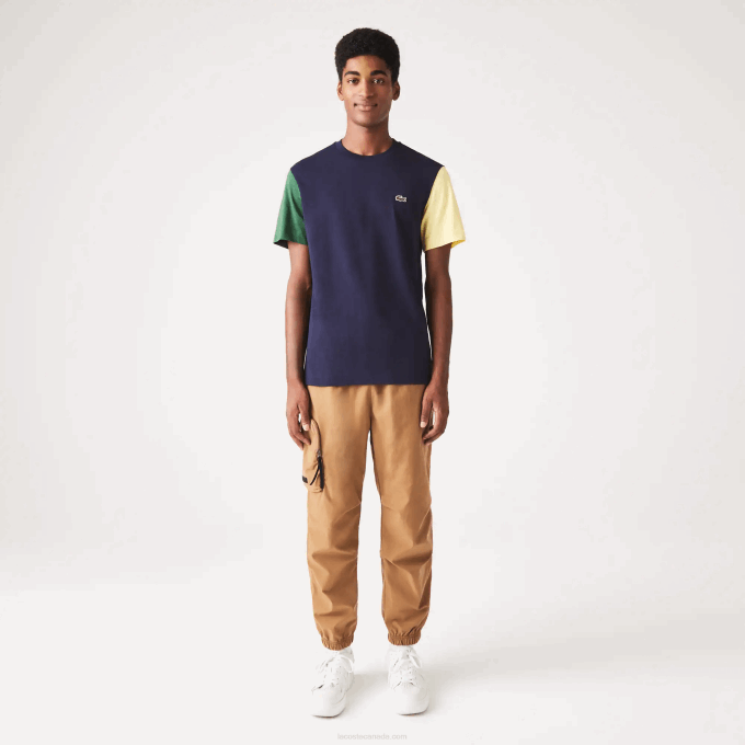 Men Lacoste V0ZN811 Navy Blue Green Yellow UXW Regular Fit Colorblock Cotton Jersey T-Shirt - Image 1