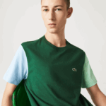 Men Lacoste V0ZN812 Blue Light Green 8AT Regular Fit Colorblock Cotton Jersey T-Shirt