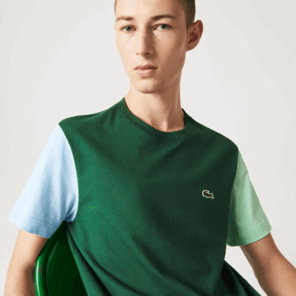 Men Lacoste V0ZN812 Blue Light Green 8AT Regular Fit Colorblock Cotton Jersey T-Shirt