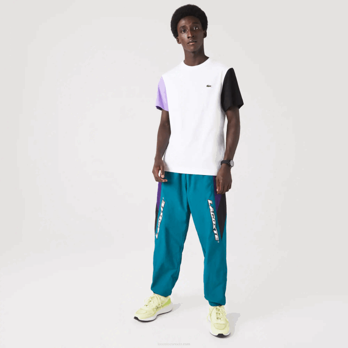 Men Lacoste V0ZN813 White Purple Black UWX Regular Fit Colorblock Cotton Jersey T-Shirt - Image 2