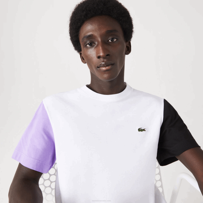 Men Lacoste V0ZN813 White Purple Black UWX Regular Fit Colorblock Cotton Jersey T-Shirt - Image 1
