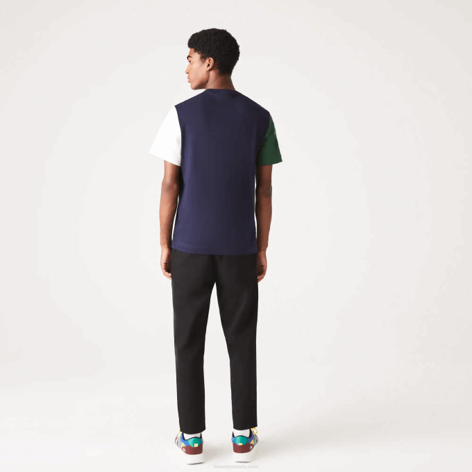 Men Lacoste V0ZN814 Navy Blue Green White YUN Regular Fit Colorblock Cotton Jersey T-Shirt - Image 3