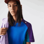 Men Lacoste V0ZN819 Blue Green Purple 7W6 Heritage Regular Fit Color-Block Stretch Pique T-Shirt