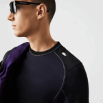 Men Lacoste V0ZN820 Navy Blue Black 7W4 Heritage Regular Fit Color-Block Stretch Pique T-Shirt