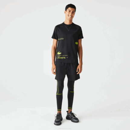 Men Lacoste V0ZN828 Black Yellow 9Y2 SPORT Stretch Jersey T-Shirt