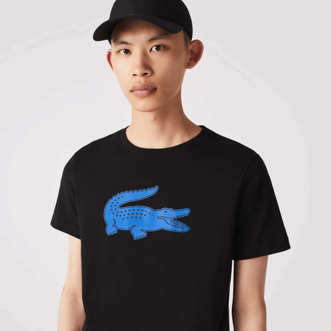 Men Lacoste V0ZN836 Black Blue 985 SPORT 3D Print Crocodile Breathable Jersey T-Shirt - Image 1