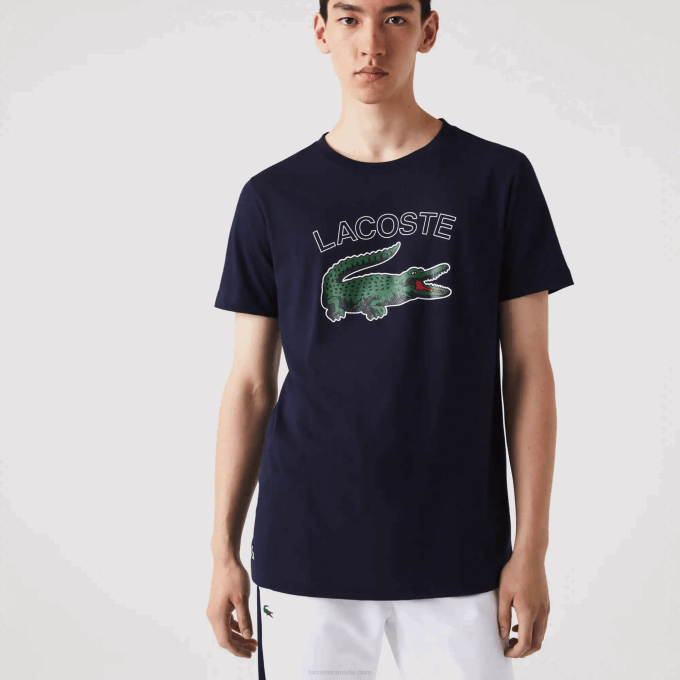 Men Lacoste V0ZN840 Navy Blue 166 SPORT Crocodile Print Jersey T-Shirt - Image 2
