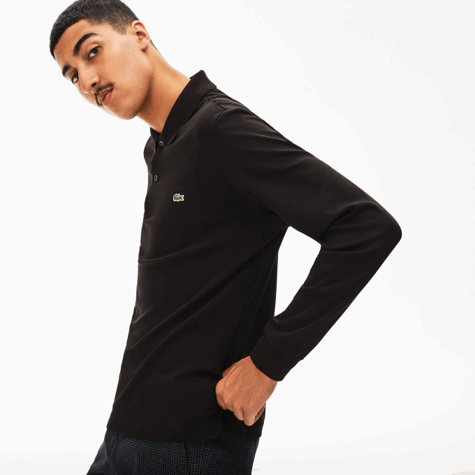 Men Lacoste V0ZN858 Black 031 Regular Fit Pima Cotton Long Sleeve Polo - Image 2