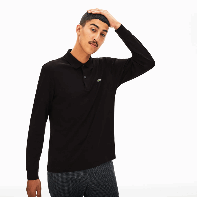 Men Lacoste V0ZN858 Black 031 Regular Fit Pima Cotton Long Sleeve Polo - Image 1