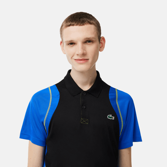 Men Lacoste V0ZN85 Black Blue Yellow XIS Tennis Recycled Polyester Polo Shirt - Image 2