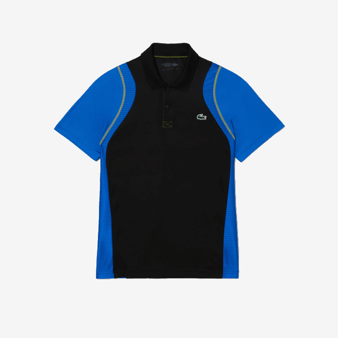Men Lacoste V0ZN85 Black Blue Yellow XIS Tennis Recycled Polyester Polo Shirt - Image 4