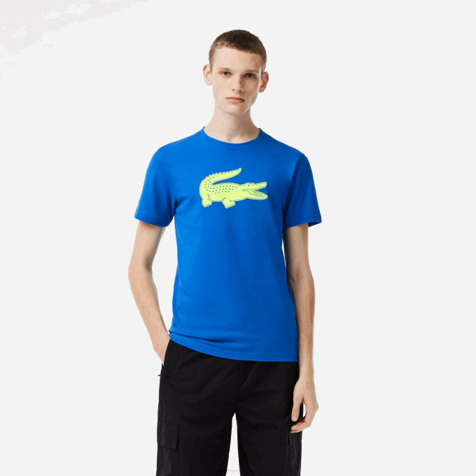 Men Lacoste V0ZN88 Blue Yellow ETQ SPORT 3D Print Crocodile Breathable Jersey T-Shirt - Image 1