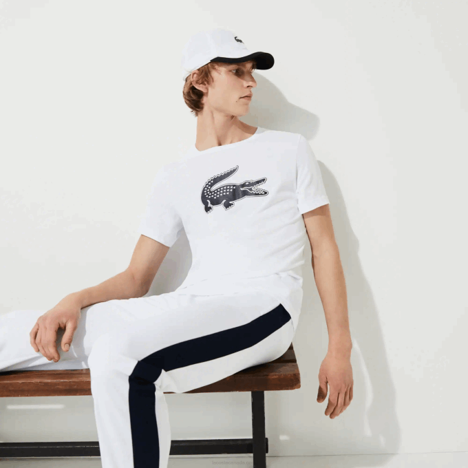 Men Lacoste V0ZN89 White Navy Blue 522 SPORT 3D Print Crocodile Breathable Jersey T-Shirt - Image 1