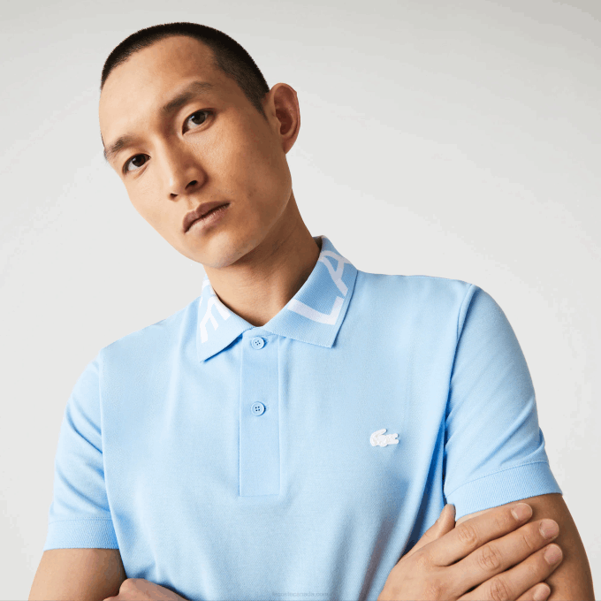 Men Lacoste V0ZN900 Blue HBP Slim Fit Lettered Neck Light Breathable Pique Polo - Image 1
