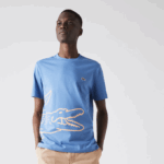 Men Lacoste V0ZN903 Blue 776 Crew Neck Crocodile Print Organic Cotton T-shirt
