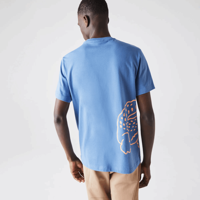 Men Lacoste V0ZN903 Blue 776 Crew Neck Crocodile Print Organic Cotton T-shirt - Image 3