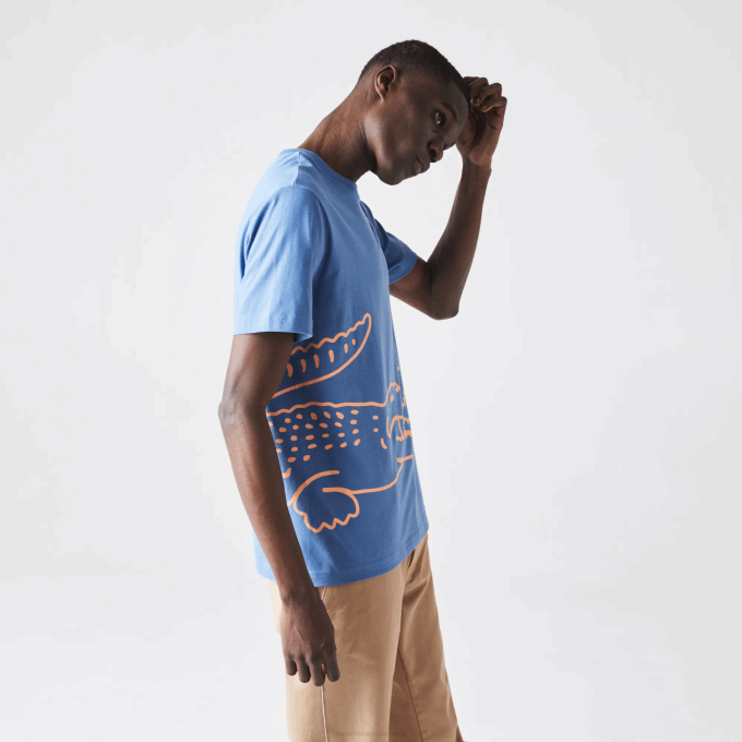 Men Lacoste V0ZN903 Blue 776 Crew Neck Crocodile Print Organic Cotton T-shirt - Image 4