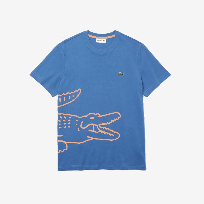 Men Lacoste V0ZN903 Blue 776 Crew Neck Crocodile Print Organic Cotton T-shirt - Image 5