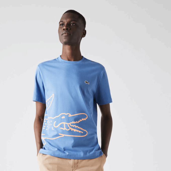 Men Lacoste V0ZN903 Blue 776 Crew Neck Crocodile Print Organic Cotton T-shirt - Image 1
