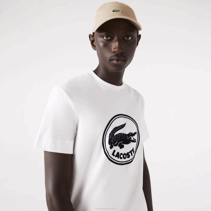 Men Lacoste V0ZN906 White 70V Crew Neck 3D Printed logo Cotton T-Shirt - Image 1