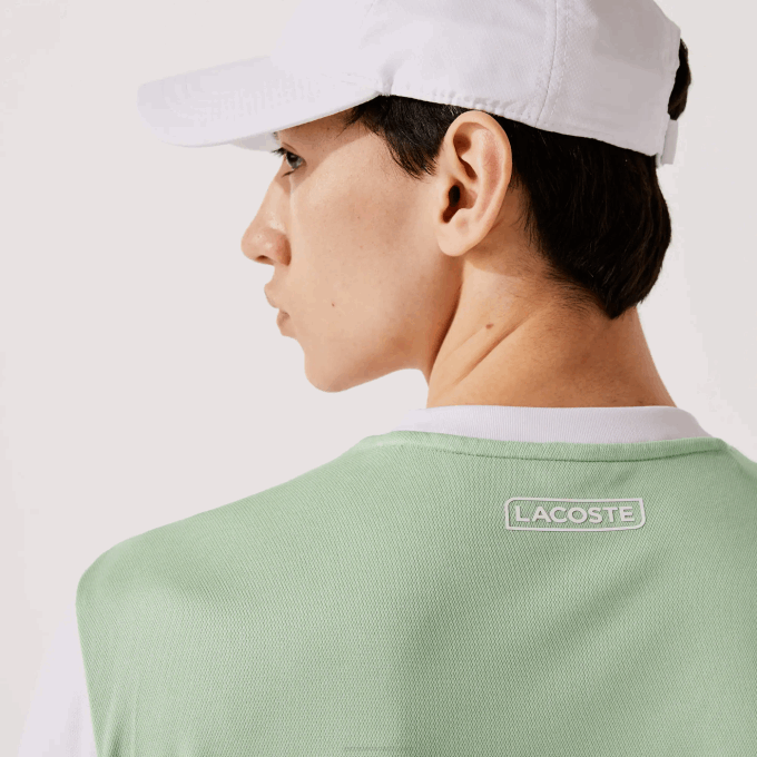 Men Lacoste V0ZN908 White Green Navy Blue White CMN SPORT Tricolor Breathable Light Pique T-shirt - Image 2