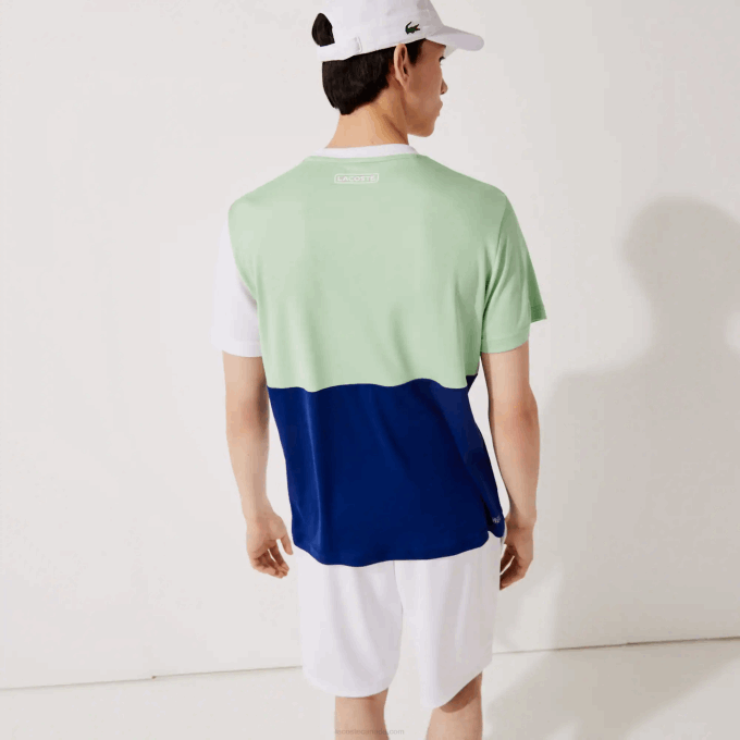 Men Lacoste V0ZN908 White Green Navy Blue White CMN SPORT Tricolor Breathable Light Pique T-shirt - Image 3