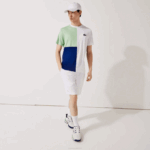 Men Lacoste V0ZN908 White Green Navy Blue White CMN SPORT Tricolor Breathable Light Pique T-shirt - Image 4