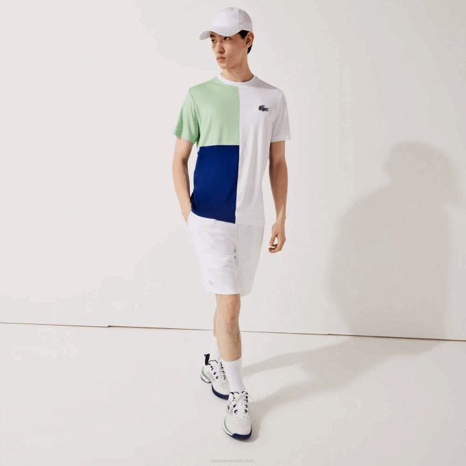 Men Lacoste V0ZN908 White Green Navy Blue White CMN SPORT Tricolor Breathable Light Pique T-shirt - Image 4