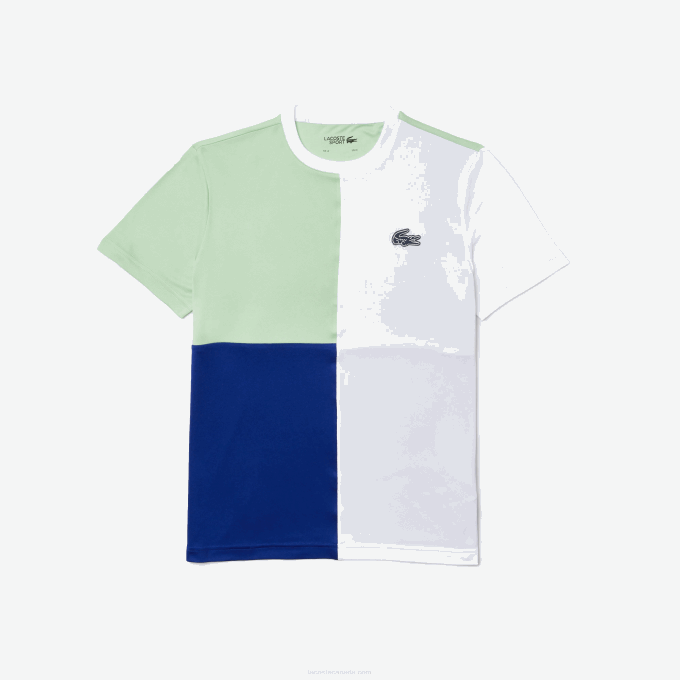 Men Lacoste V0ZN908 White Green Navy Blue White CMN SPORT Tricolor Breathable Light Pique T-shirt - Image 5