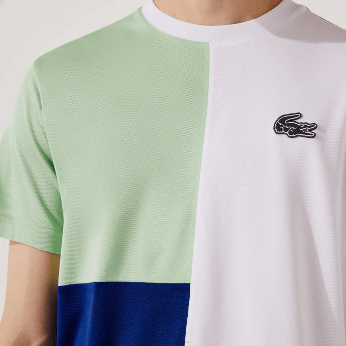 Men Lacoste V0ZN908 White Green Navy Blue White CMN SPORT Tricolor Breathable Light Pique T-shirt - Image 6