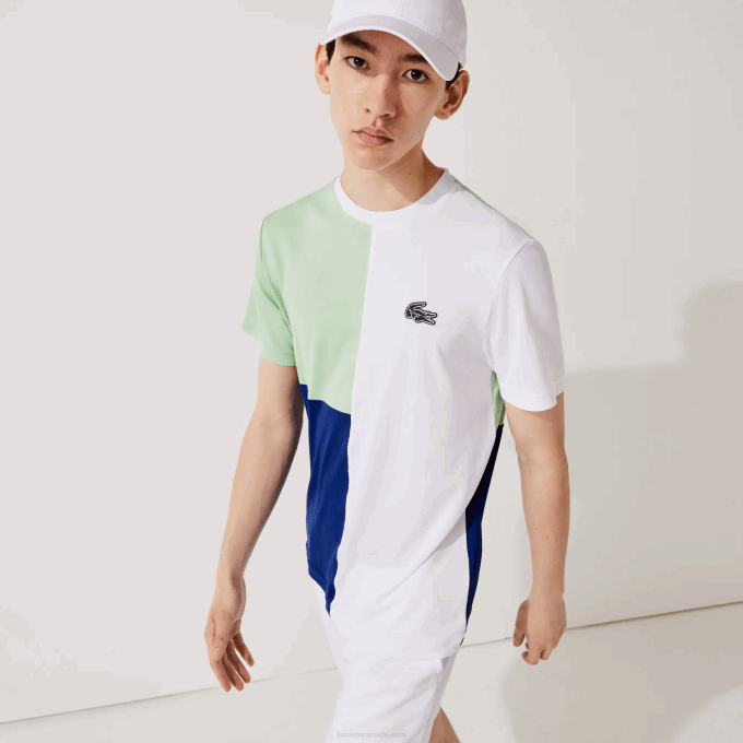 Men Lacoste V0ZN908 White Green Navy Blue White CMN SPORT Tricolor Breathable Light Pique T-shirt - Image 1