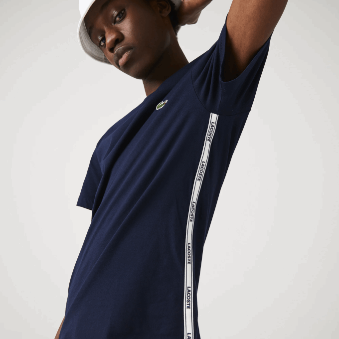 Men Lacoste V0ZN909 Navy Blue 166 Branded Bands Crew Neck Cotton T-Shirt - Image 2