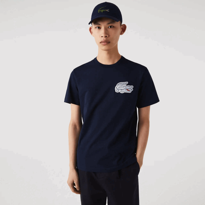 Men Lacoste V0ZN911 Navy Blue 166 Heritage Crocodile Badge Crew Neck Cotton T-Shirt - Image 3
