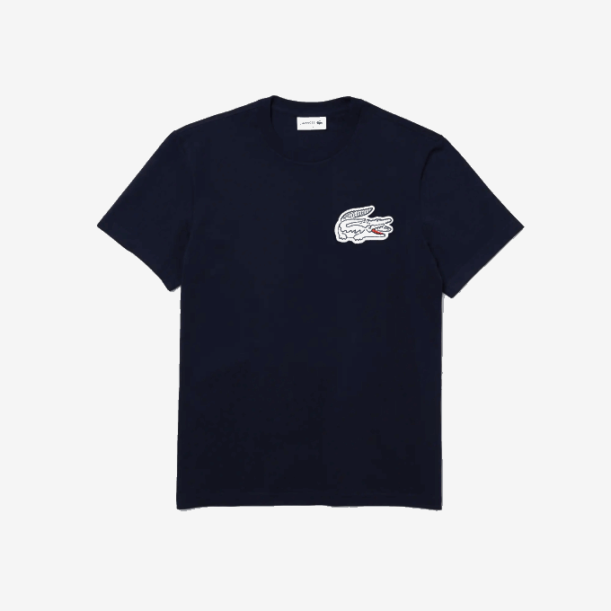 Men Lacoste V0ZN911 Navy Blue 166 Heritage Crocodile Badge Crew Neck Cotton T-Shirt - Image 4