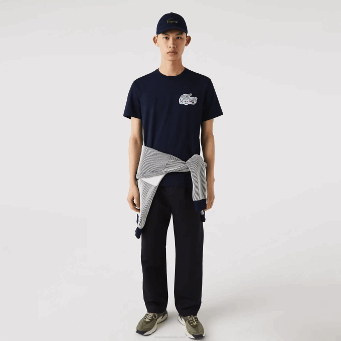 Men Lacoste V0ZN911 Navy Blue 166 Heritage Crocodile Badge Crew Neck Cotton T-Shirt - Image 1
