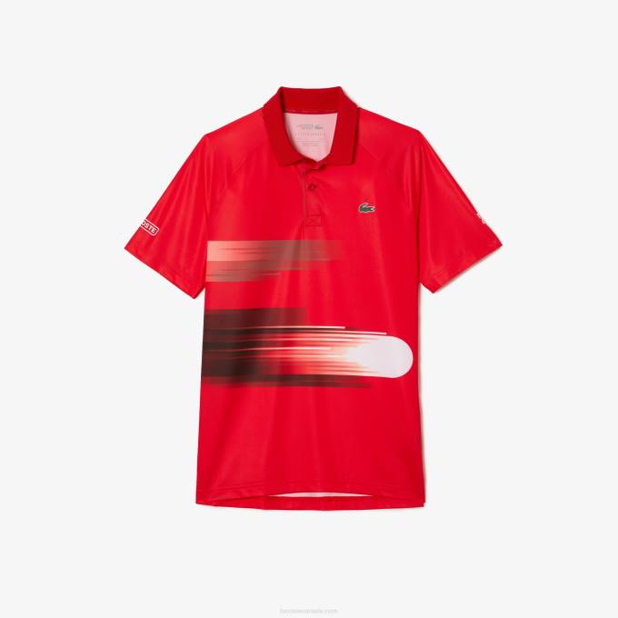 Men Lacoste V0ZN929 Red White C9U SPORT Novak Djokovic Print Stretch Polo - Image 3