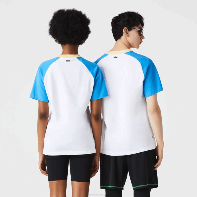 Men Lacoste V0ZN941 White Blue Yellow D1Q LIVE Cotton T-shirt - Image 3