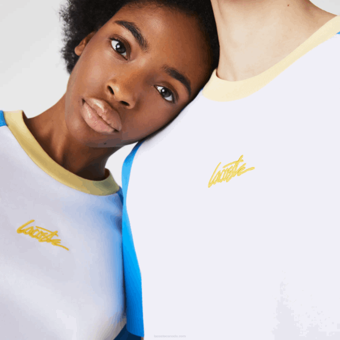 Men Lacoste V0ZN941 White Blue Yellow D1Q LIVE Cotton T-shirt - Image 4