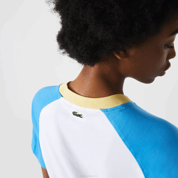 Men Lacoste V0ZN941 White Blue Yellow D1Q LIVE Cotton T-shirt - Image 6