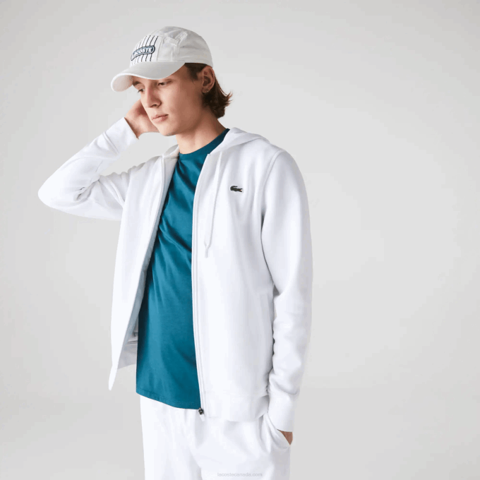 Men Lacoste V0ZN948 White 800 SPORT Lightweight Bi-material Hoodie - Image 4