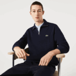 Men Lacoste V0ZN951 Navy Blue 166 Zippered Stand-Up Collar Cotton Sweatshirt