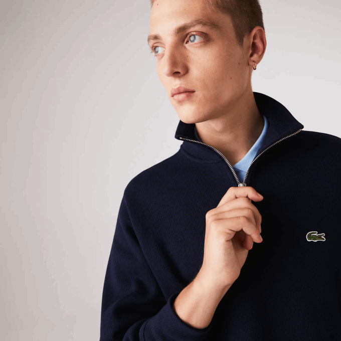 Men Lacoste V0ZN951 Navy Blue 166 Zippered Stand-Up Collar Cotton Sweatshirt - Image 6