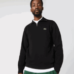 Men Lacoste V0ZN952 Black 031 Zippered Stand-Up Collar Cotton Sweatshirt